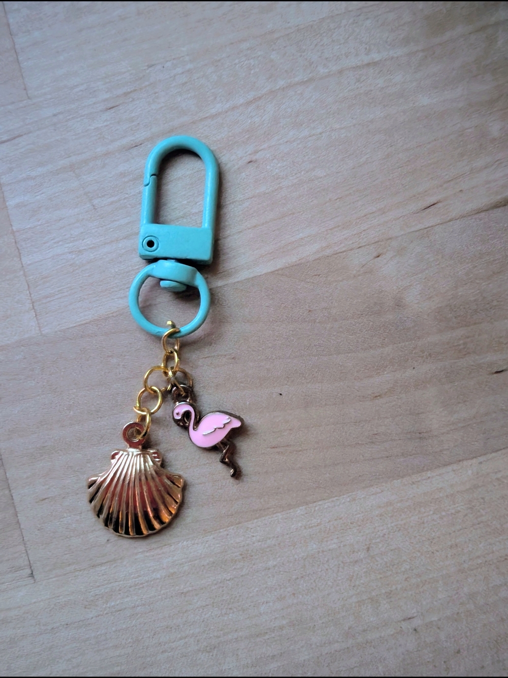 Aqua Clip Keychain with Gold Shell & Pink Flamingo Charms